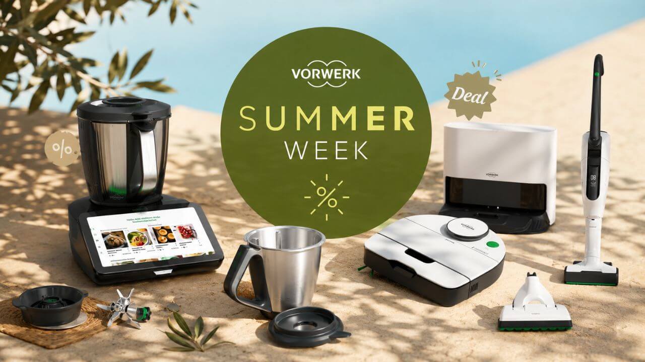 Kobold VR7 Saugroboter mit Absaugstation, VT300 Akkustaubsauger und VG100+ Flächenreiniger sind ausgestellt und befinden sich im Angebot während der Vorwerk Summer Week 2026.